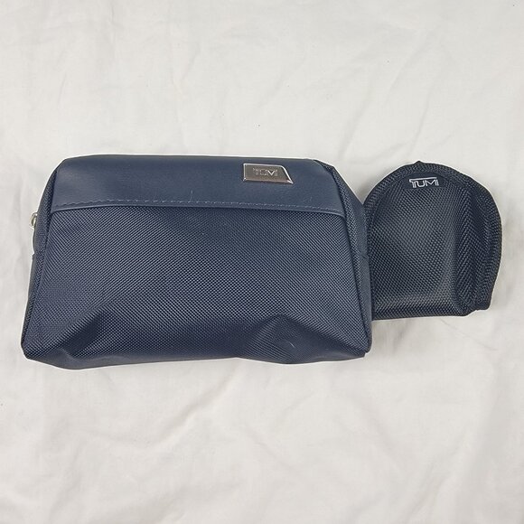 Tumi For Delta Travel Toiletry Bag Case Set Navy Blue Nylon With Eye Mask
